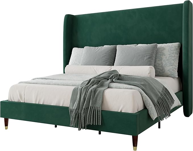 Jocisland King Size Bed Frame 51.2" Wingback Headboard Velvet Upholstered Platform Bed with Solid Wood Legs & Wooden Slats, No Box Spring Needed, Modern Minimalist Style, Easy Assembly, Dark Green