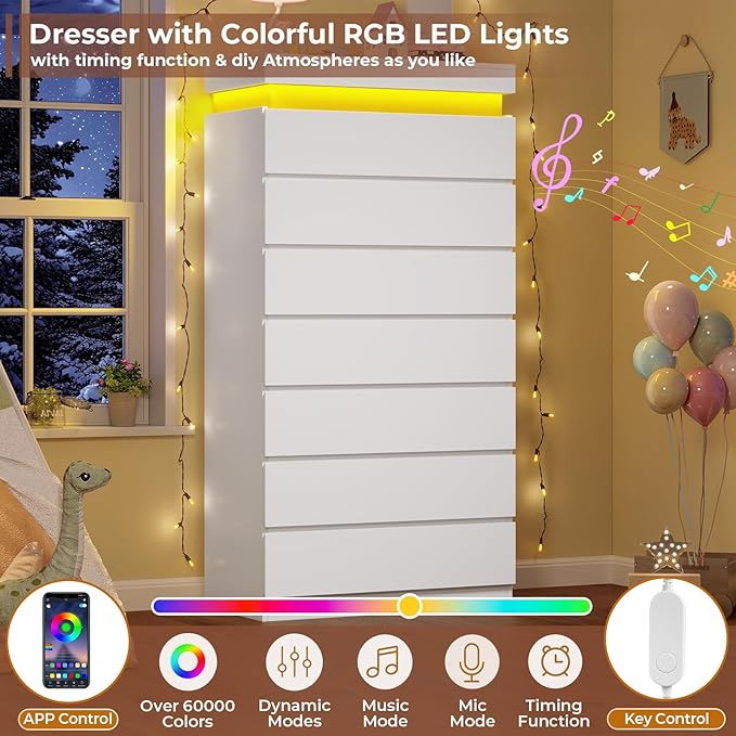 HAUOMS Tall 7 Drawer Dresser with LED Light, White Modern Chest of Drawers for Bedroom,Closet Dressers with Drawers for Living Room, Entryway, Hallway