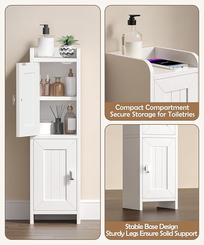 Akxomel Small Bathroom Cabinet with 2 Doors, 7.9''D x 7.9''W Narrow Toilet Paper Storage Cabinet, Bathroom Organizer for Small Spaces, Slim Corner Unit with Adjustable Shelf, White