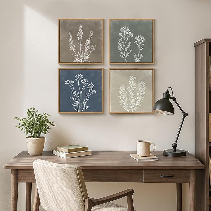 Framed Botanical Boho Wall Art, Set of 4 Piece Vintage Farmhouse Plant Leaf Canvas Artworks for Walls, Rustic Minimalist Picture Prints for Living Room Dining Room Bathroom Wall Decor 12x12 Inch