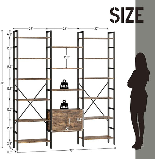 70x78 “ Triple 6 Tier Book Shelf, Industrial Large Bookcase with Storage Cabinet, Tall Bookshelf with 16 Open Display Shelves Metal Frame Furniture for Living Room Bedroom Home Office Brown