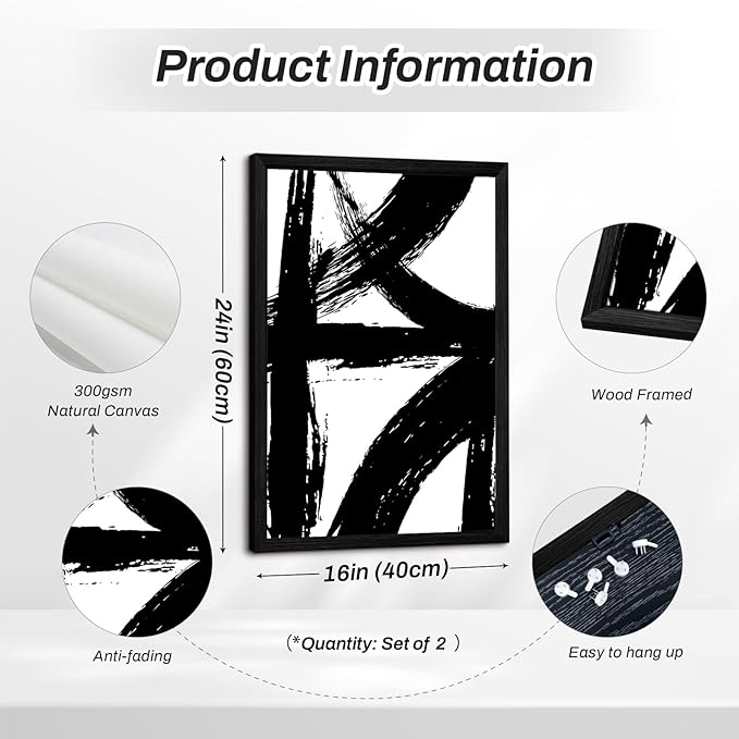 Black and White Wall Art Abstract Modern Painting Minimalist Line Canvas Wall Art Decor Black And White Poster Abstract Artwork Prints for Living Room Bedroom 16x24 Inch Wood Framed Set of 2