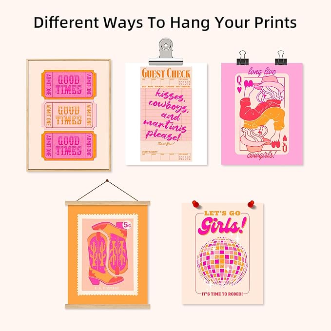 Hot Pink Wall Art Decor Trendy Aesthetic Pictures Preppy Funky Wall Art Poker Retro Poster Orange Vintage Canvas Hot Pink Artwork Western Prints Cowgirl Painting Dorm Room 8x10 Inch Unframed Set of 6