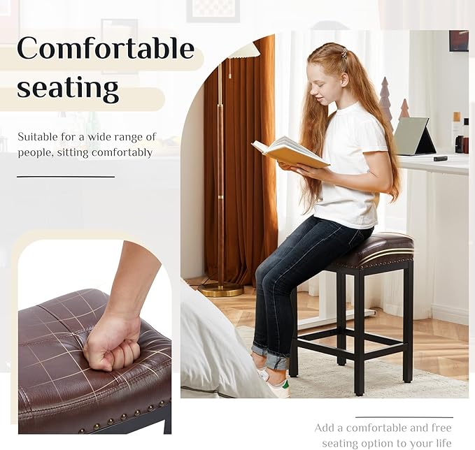 Sweetcrispy Bar Stools Set of 4, 24 Inch Counter Height Stools, PU Leather Upholstered Bar Chairs with Footrest, Modern Bar Stools for Kitchen Island, Dining, Living Room, Brown