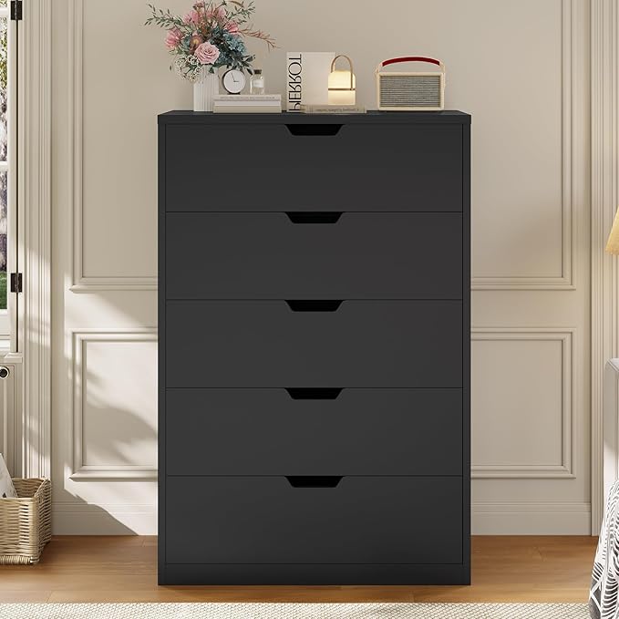 HAUOMS Tall 5 Drawer Dresser, Black Modern Chest of Drawers for Bedroom,Closet Dressers with Drawers for Living Room, Entryway, Hallway