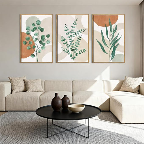 Anyzal Framed Boho Botanical Wall Art Large 16x24 Inch Abstract Green Plant Canvas Wall Decor Bohemian Modern pictures Painting for Living room Bedroom Dining room Set of 3