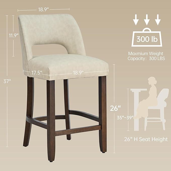 VKNOW 26" Bar Stools Set of 2, Faux Leather Counter Height Bar Stools with Backrest and Rubberwood Legs, Upholstered Barstools for Kitchen Island, Bar and Dining Room, Beige