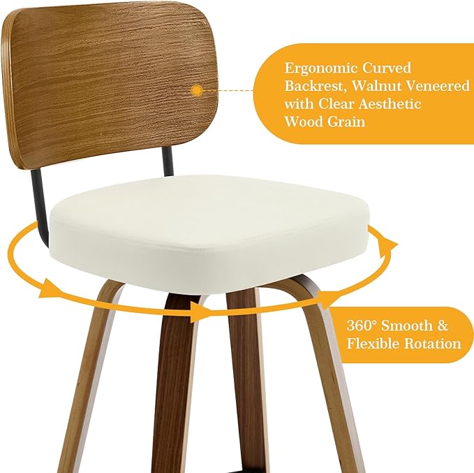 Bekrvio Swivel Counter Height Bar Stools Set of 4, Mid-Century Modern Upholstered Faux Leather Barstools with Wood Back, 26" Seat Height Bar Stools for Kitchen Island, Cream Seat and Walnut Frame