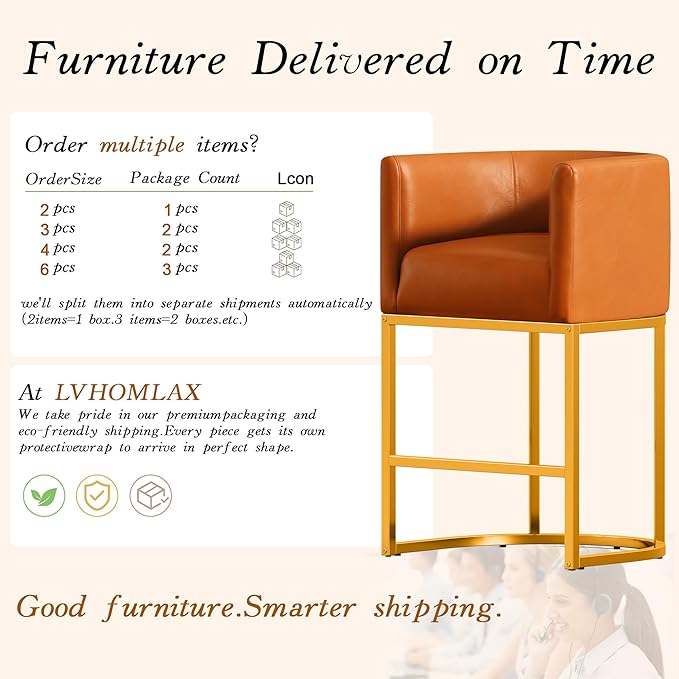 Modern Counter Height Bar Stools,Bar Stools Set of 3,PU Leather Upholstered Barrel Barstools with Backs,24'' Kitchen Island Chairs,Metal Gold Frames,Camel Brown Leather
