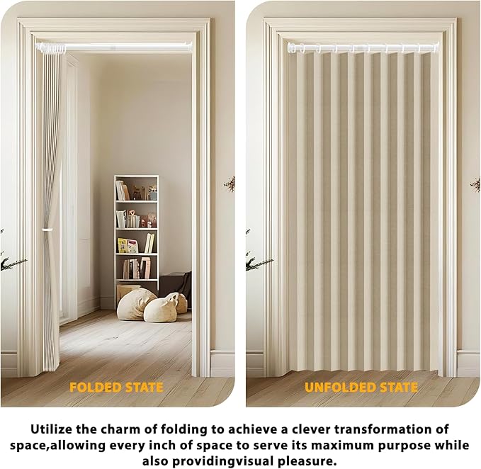 Jilron Accordion Door Curtain Set - 100% Blackout, with Curtain Rod Included, for Bedroom Privacy Protection (Beige-43 W x 78" L+Rod)