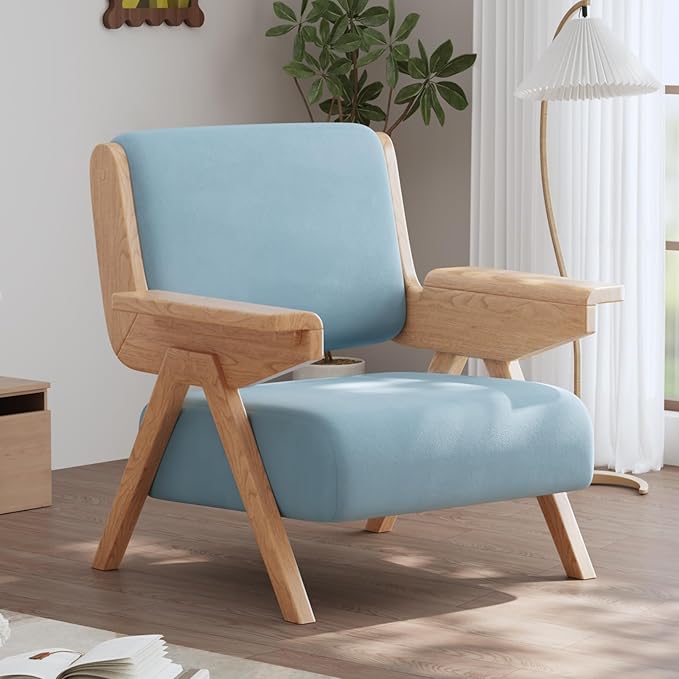 Accent Chair Mid Century Modern Chair, Velvet Upholstered Lounge Arm Chair with Solid Wood, Cozy Reading Chair for Living Room, Bedroom, Balcony (Blue, Single Chair)
