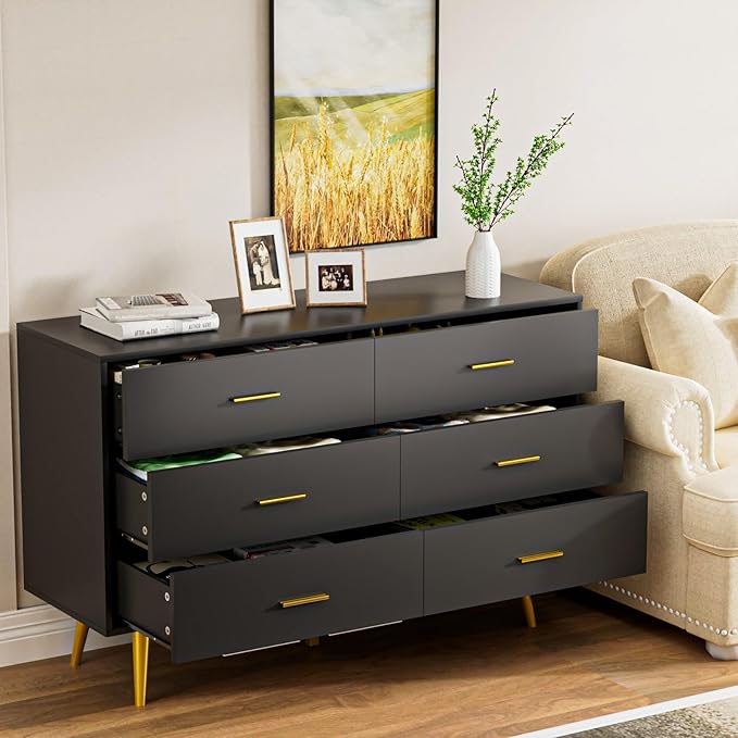 CARPETNAL Black Dresser for Bedroom, 6 Drawer Dresser with Wide Drawers and Gold Metal Handles, Wood Dressers & Chest of Hallway, Entryway.