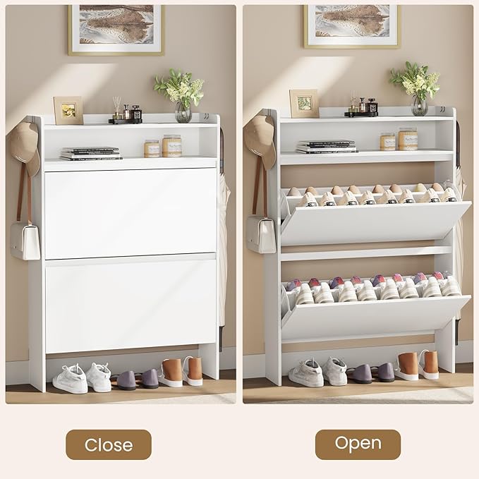 Shoe Cabinet Organizer with 2 Flip Drawers，Freestanding Shoe Rack Cabinet, Shoe Cabinet Storage for entryway, Foyer, Hallway, White, 31.5" W