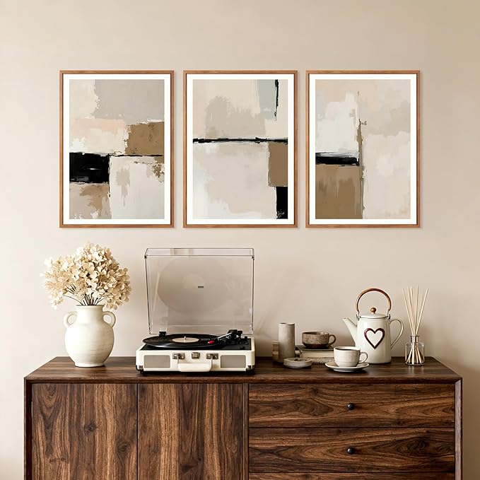 HPINUB Modern Abstract Framed Canvas Wall Art Set,(Set of 3,12X16 Inch) Geometric Line Black White and Beige Textured Wall decor Neutral Gray Minimalist Art Print for Living Room,Dining Room,Office