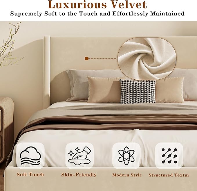 King Size Upholstered Platform Bed Frame, Modern Wingback Bed with Headboard, Upholstered Bed Frames with Walnut Wooden Legs, No Box Spring Needed/Easy Assembly, Beige Velvet