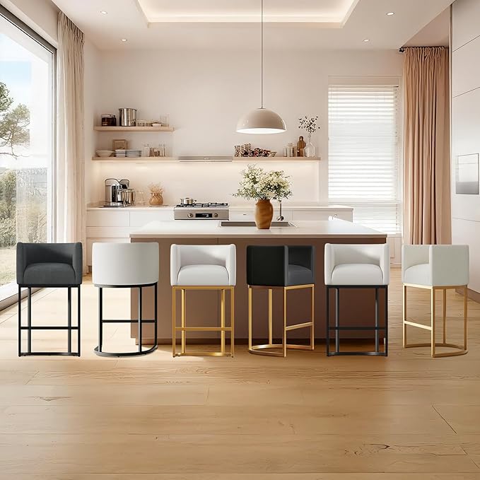 Modern Counter Height Bar Stools,Bar Stools Set of 1,Fabric Upholstered Barrel Barstools with Backs,26'' Kitchen Island Chairs,Metal Black Frames,Snowy White Linen