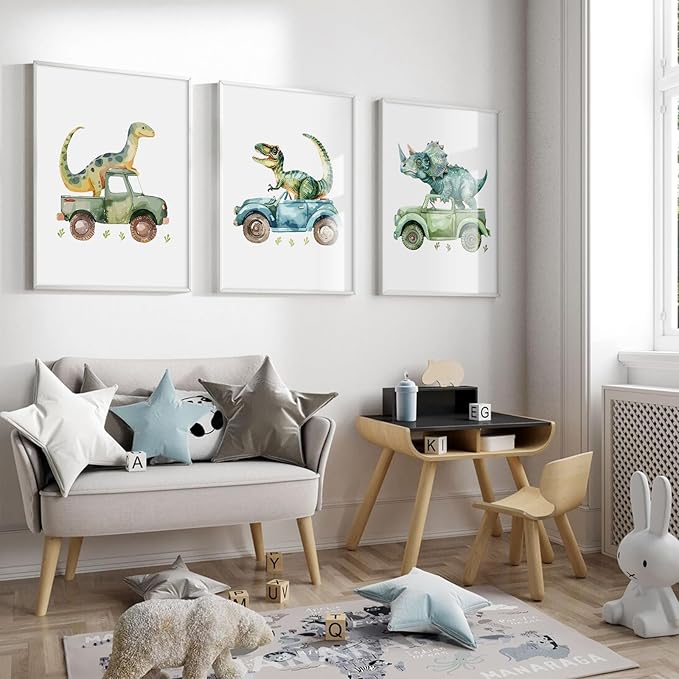 Dinosaur Nursery Wall Art Kids Canvas Poster Baby Boy Nursery Wall Decor Green Dino Pictures Toddler Prints Cartoon Dino Car Painting Boys Room Artwork for Bedroom Bathroom 16x24x3 Inch Unframed