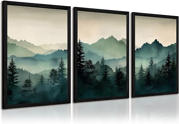 Mountain Wall Art Decor Set of 3 Sage Green Forest Canvas Wall Art Prints Nature Landscape Wall Decor Watercolor Pine Tree Pictures Abstract Modern Painting for Living Room Bedroom 16x24 Inch Framed