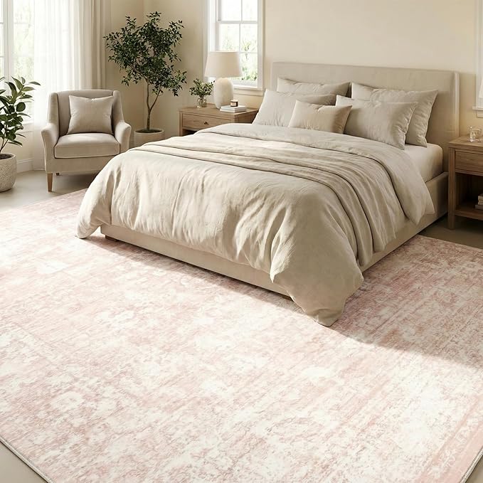 Homemate Washable Rug 10x12 Area Rugs - Vintage Faux Wool Rugs for Living Room Bedroom Dining Room - Non Slip Foldable Carpet Indoor Area Rug for Home Decor（10'x12', Pink