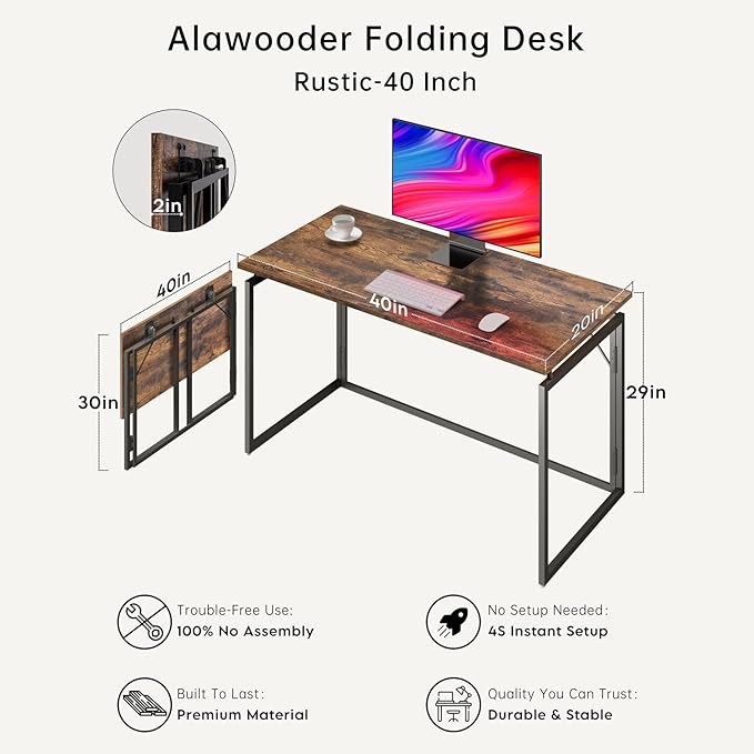 alawooder Folding Desk - 39.4” Wood Top Foldable Desk for Small Spaces | No Assembly Required Compact Desk for Home Office, Writing, and Study