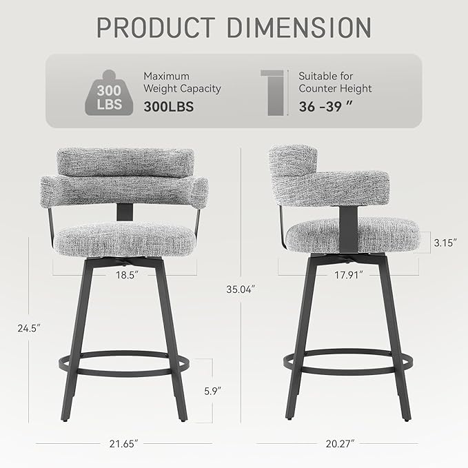 Counter Height Bar Stools with Full Back – Swivel Counter Stools Set of 2 with Linen Padded Back, Metal Footrest, Modern Barstools for Kitchen Counter, Island, Dining Room, Grey 24 inch