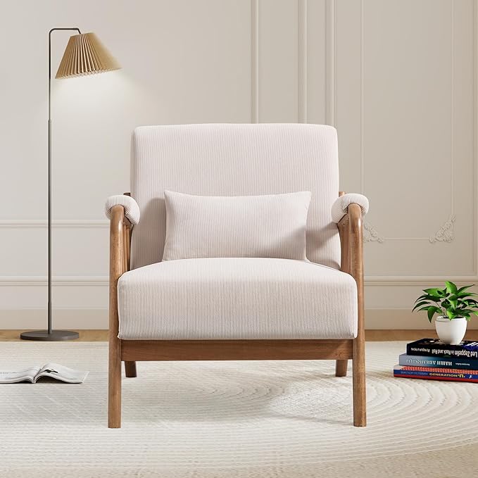 IOMOR Mid Century Modern Accent Chair with Solid Wood Frame, Upholstered Living Room Chairs with Lumbar Cushion Padded Arms, Reading Armchair for Bedroom Set of 2, Beige