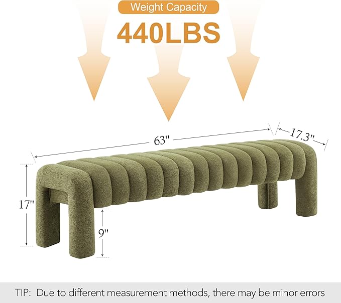63" Boucle Bed Bench, Cute Upholstered Channel Tufted Bench for Entryway, Accent Window Seat for Living Room, Modern Minimalist Ottoman Foot Stool, Linen Green