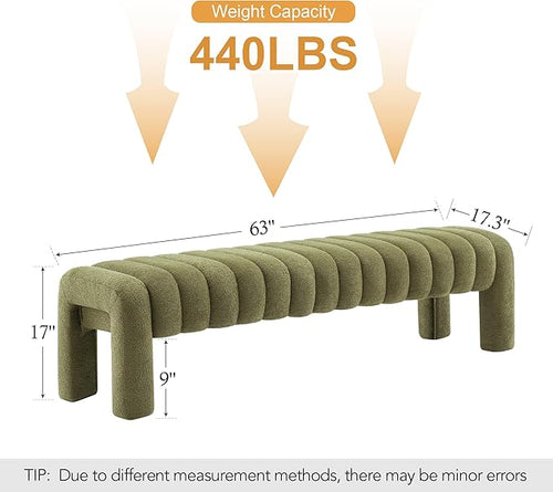 63" Boucle Bed Bench, Cute Upholstered Channel Tufted Bench for Entryway, Accent Window Seat for Living Room, Modern Minimalist Ottoman Foot Stool, Linen Green