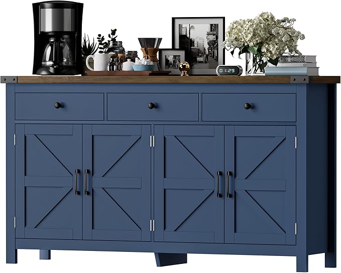 VVFLU 63" Sideboard Buffet Cabinet with Storage, Coffee Bar with 3 Drawers and 4 Barn Doors, Long Wider Storage Cabinet Modern Farmhouse, Blue Wood, for Kitchen, Dining Room, Living Room