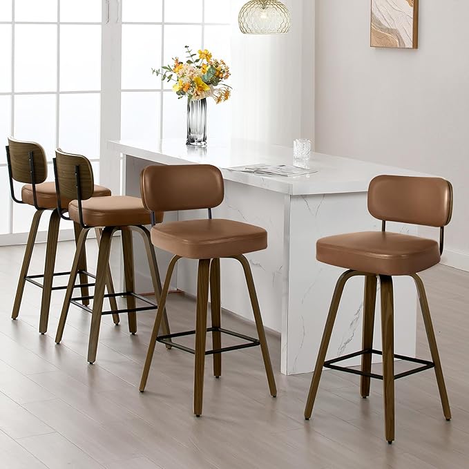 Bekrvio Swivel Bar Stools Set of 4, 29" Upholstered Faux Leather Barstools with Back and Bent Wood Legs, Mid Century Modern Bar Chair Island Stool for Kitchen Counter, Brown
