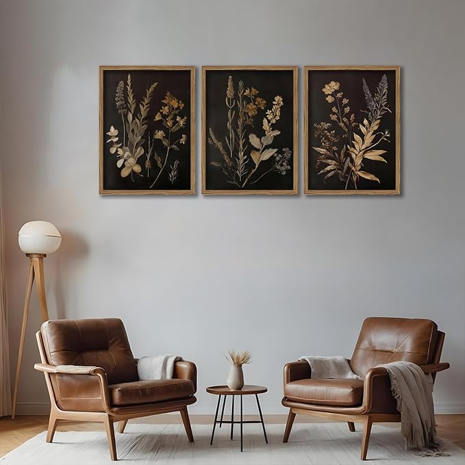 Yudinbin Vintage Dark Botanical Canvas Wall Art Set of 3 Moody Floral Prints with Wood Frame Dark Plant Academia Aesthetic Gallery Painting Wall Decor for Living Room Bedroom or Office 16x24 Inch