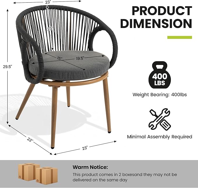 Modern Outdoor Dining Chair Set of 4 with Cushion, Scandinavian Rope Woven Patio Armchairs, Wood-Look Metal Frame, Weather-Resistant Balcony Backyard Dining Seating, Dark Grey