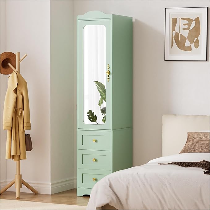 Armoire Wardrobe Closet, 69.5" H Wood Bedroom Cabinet with Mirror Door and 3 Drawers, Green Clothing Storage with Sensor Light and Hanging Rod for Bedroom - Left