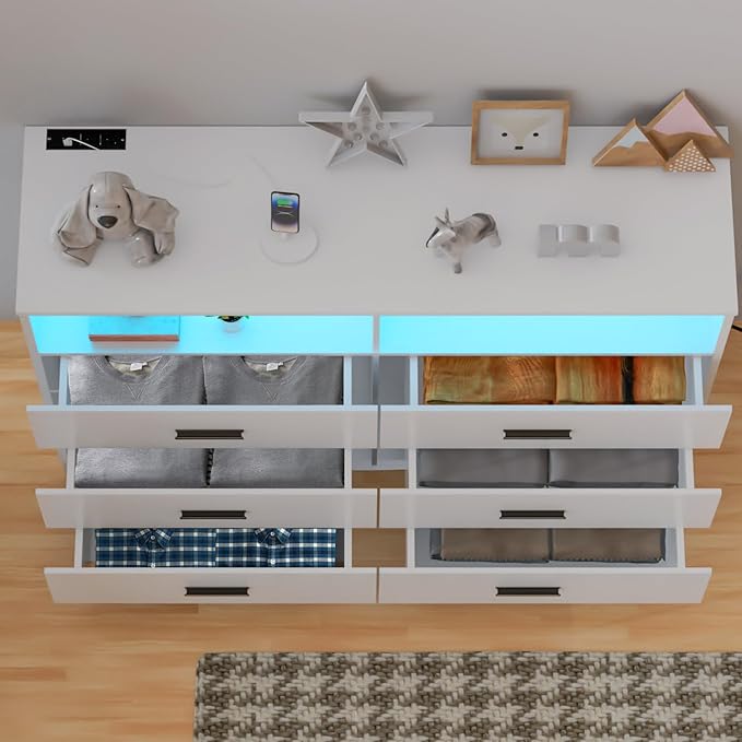 FJTJBSI Dresser with Power Outlets and LED Lights Wooden 6 Drawer Dresser with Large Organizer Tall White Drawer for Bedroom Modern Chest of Drawers Closet for Living Room Kids Room