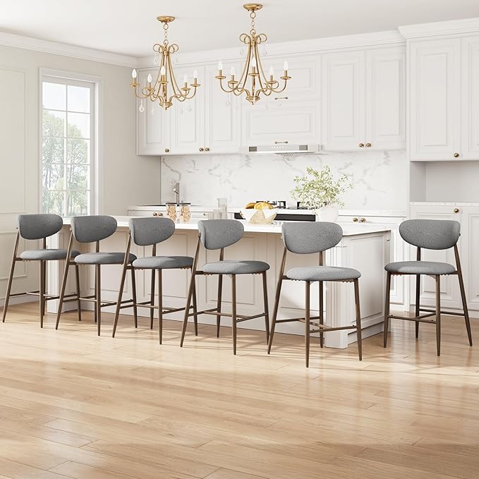MALOL Bar Stools Set of 6, Counter Height bar stools, Kitchen Bar Stools with Backs, Modern Upholstered, Modern Bar Stools with Metal Legs for Kitchen Island, Counter, Light Grey