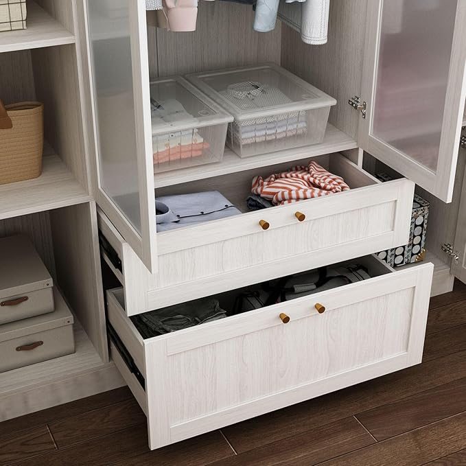 MOUMON 86.6" 4-Door Wardrobe Closet with Frosted Glass Doors & 2 Drawers, Double Hanging Rods & Shelves, Top Storage, Wide Armoire Closet Light Oak 63”W x 19.7”D x 86.6”H