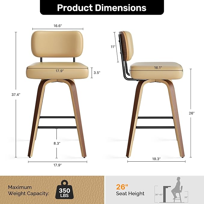 Swivel Bar Stools Set of 4, 26" Upholstered Faux Leather Counter Height Barstools with Walnut Back & Bentwood Legs, Mid Century Modern Bar Chairs Island Stools for Kitchen Counter, Khaki