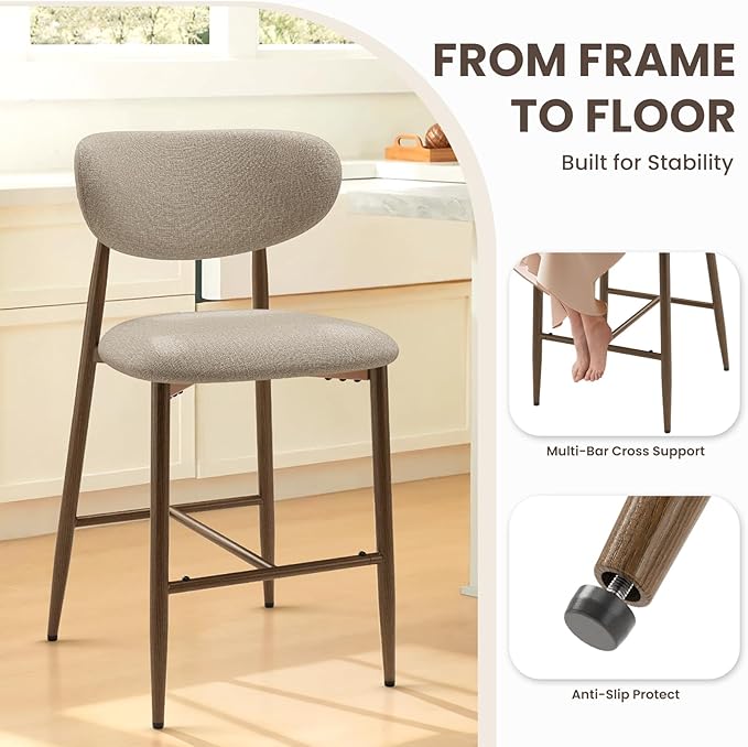 MALOL Bar Stools Set of 6, Counter Height bar stools, Kitchen Bar Stools with Backs, Modern Upholstered, Modern Bar Stools with Metal Legs for Kitchen Island, Counter, Camel