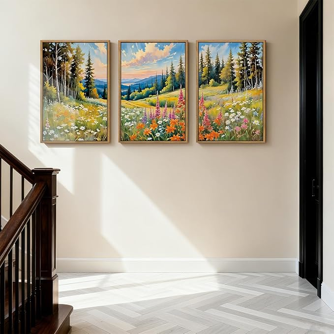 Anyzal Large Mountain Landscape Framed Wall Art 16x24 Inch Colorful Forest Floral Field Canvas Wall Decor Set of 3 for Living Room Bedroom Dining Room
