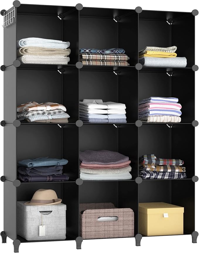 Closet Organizers and Storage, 12 Cube Storage Organizer, Portable Closet Organization Clothes Shelves for Kids, Closet, Bedroom, Bathroom, Office, Black