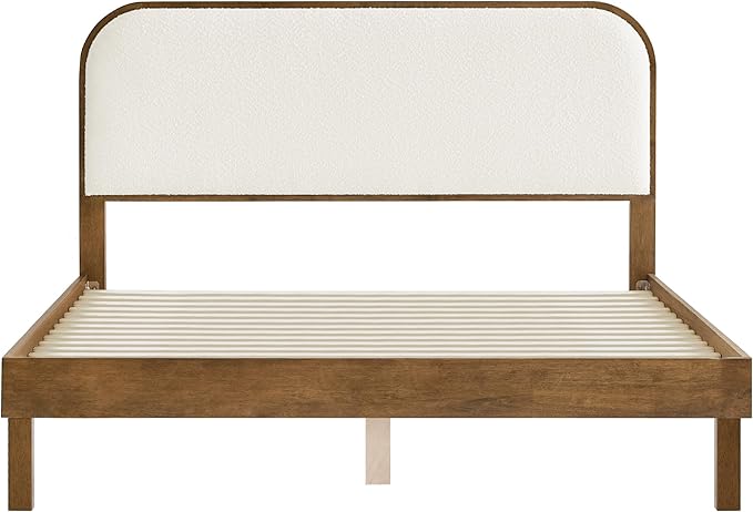 KISLOT Wood Bed Frame with Upholstered Headboard, Mid-Century Boucle Fabric Platform Modern Bed Mattress Foundation Noise-Free No Box Spring Needed Easy Assembly