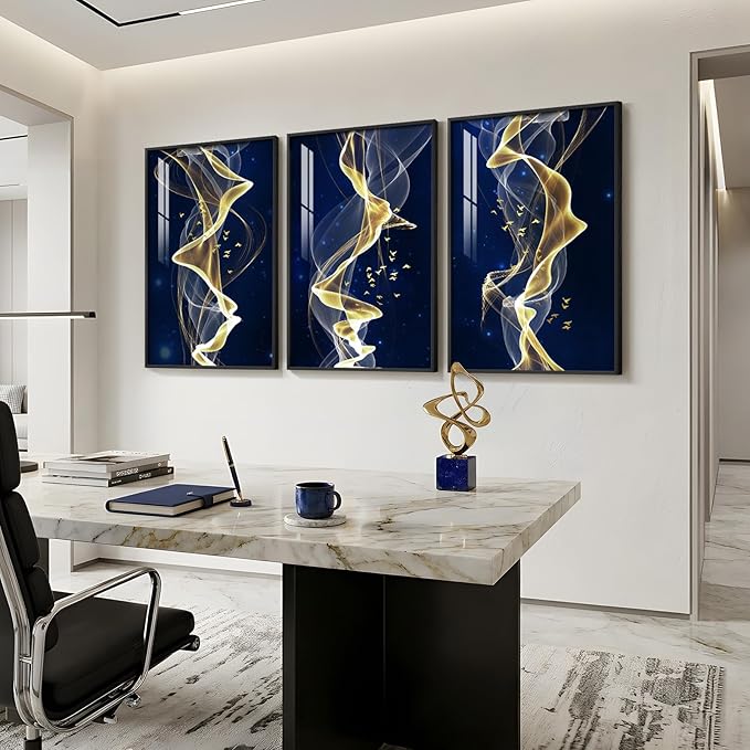 Large Framed Modern Blue and Gold Wall Art for Living Room, 3 Piece Abstract Artwork for Walls, Contemporary Luxury Line Pictures Prints Paintings for Hallway Dining Room Office 24x36 Inch