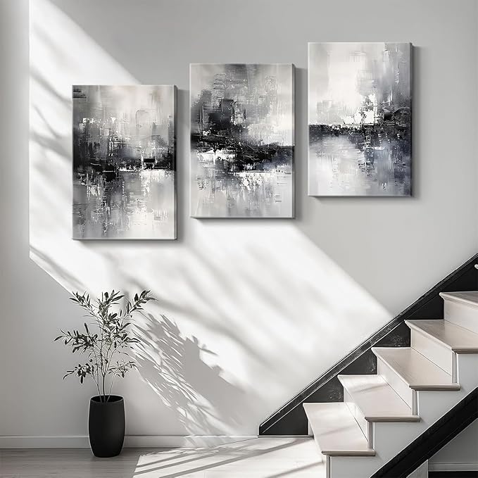 Dytila 3 Piece Large Black And White Abstract Canvas Wall Art for Living Room, Black And Grey Wall Decor, Modern Minimalist Art Print Pictures, Home Artwork - Dining Room Office Framed 16x24 Inch