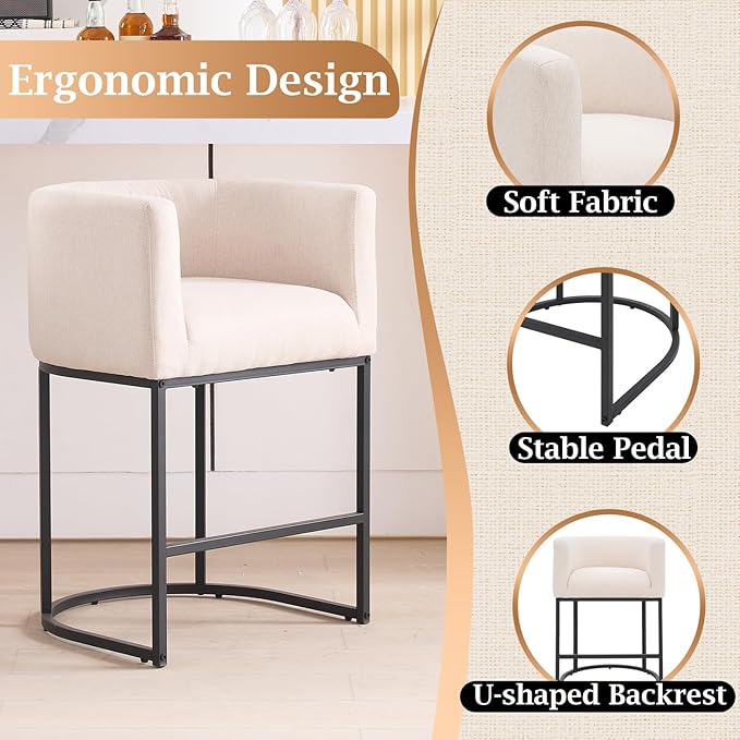 ClinQ 26" H Counter Height Bar Stools Set of 2, Modern Barrel Counter Stools with Backrest and Arms, Black Metal Frames, Linen Fabric Upholstered Accent Barstools for Kitchen Island,Linen Color