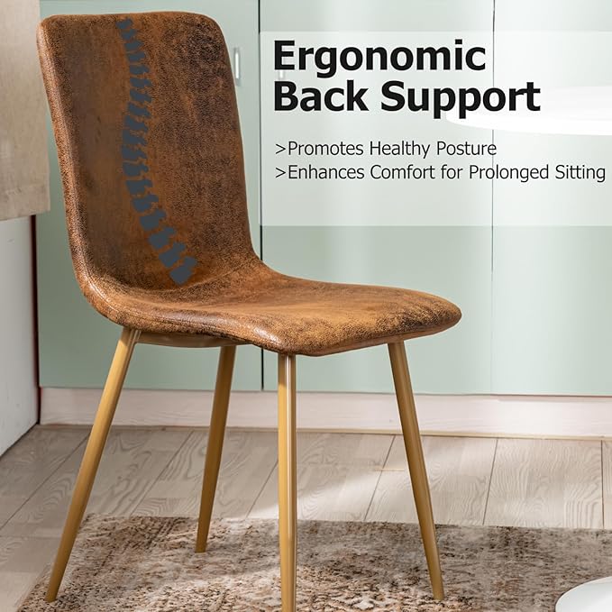 FurnitureR Set of 2 Dining Chairs, Suede Upholstered Side Chair with Mid Back, Soft Seat and Sturdy Metal Legs for Kitchen Dining Room, Brown