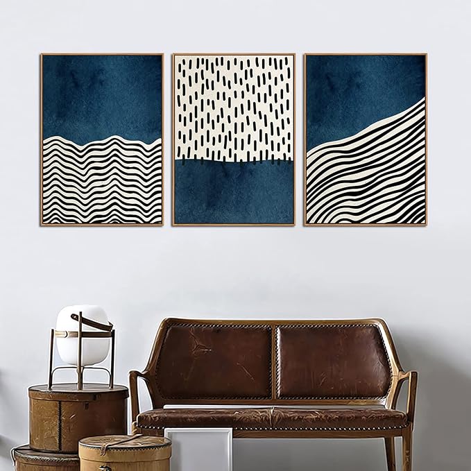 Framed Wall Art Canvas Set Mid Century Boho Picture Modern Abstract Geometric Lines Wall Decor Minimalist Black Indigo Canvas Painting Artwork Living Room Bedroom Home Office 20"x28"x3 Natural