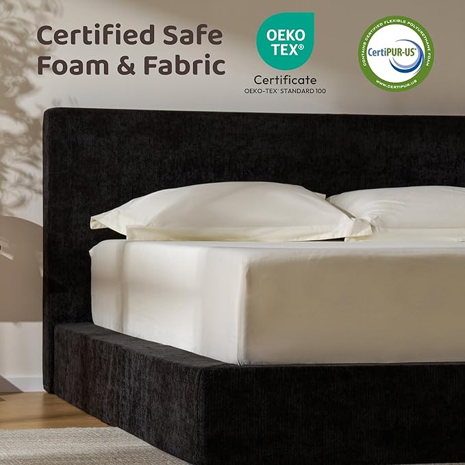 RECCI AirFrame Queen Bed Frame with Headboard, Cloud Upholstered Platform Bed Frame, 5 Inch Foam Cushioned, No Box Spring, Easy Assembly(Onyx Black)