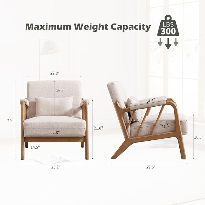 IOMOR Mid Century Modern Accent Chair with Solid Wood Frame Linen Fabric, Upholstered Living Room Chairs with Lumbar Cushion Padded Arms, Reading Armchair for Bedroom (2, Warm Beige)