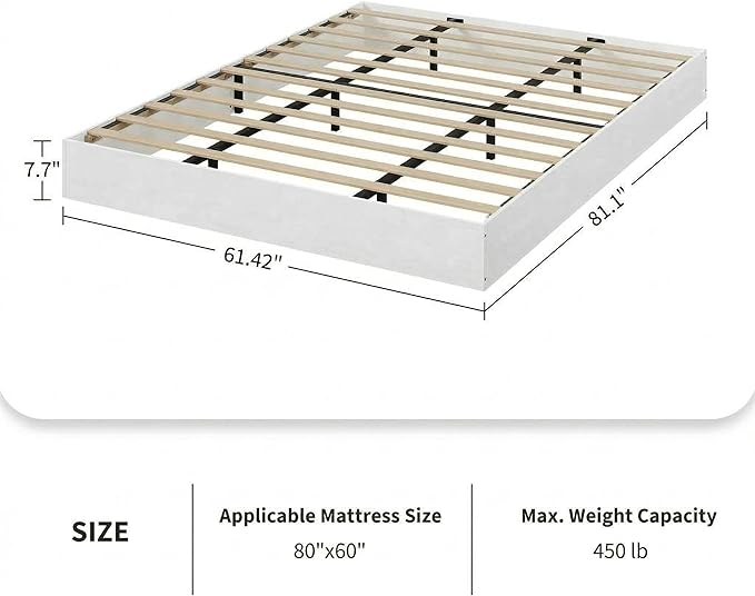 Garvee Queen Size Solid Wood Platform Bed with Sturdy Wooden Slats, Floor-Standing Bed Frame, Modern Minimalist Design Bed Frame, No Box Spring Needed, Space Saver, Easy Assembly, White