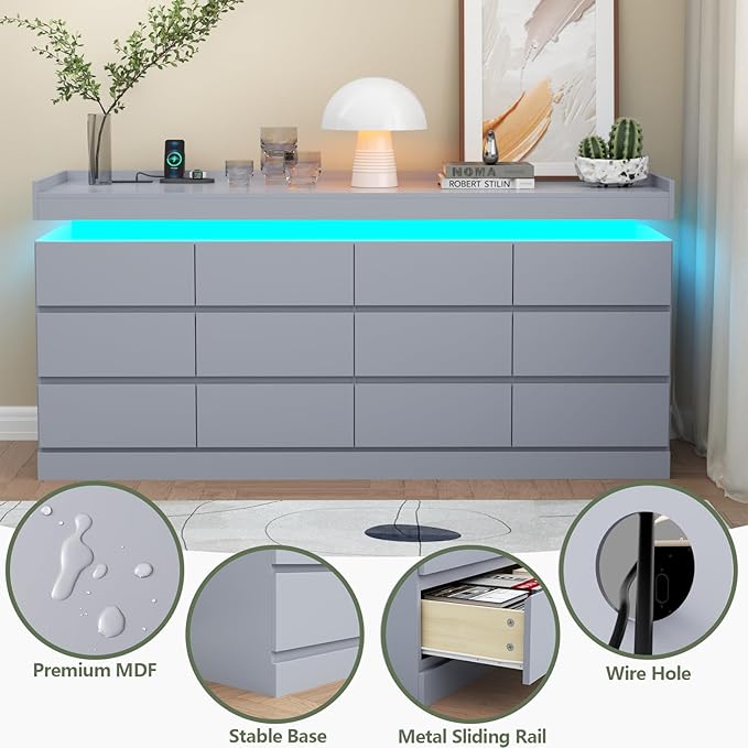 Gyfimoie 12 Drawer Dresser with Power Outlet, Dresser with LED Light, Modern Chest of Drawers for Closet, Double Wide Drawer Organizer Cabinet for Bedroom, Living Room (Grey, 12 Drawers)